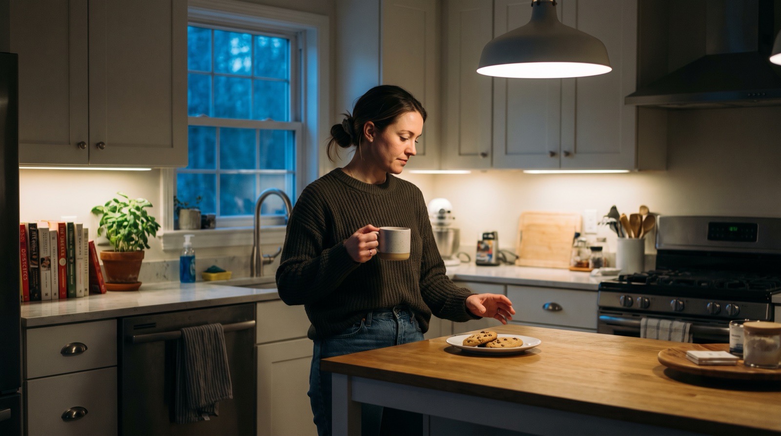 A woman pausing over a plate of cookies on her kitchen island late in the evening