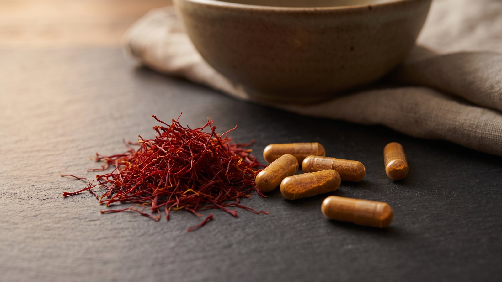 Saffron threads beside supplement capsules on a dark slate surface