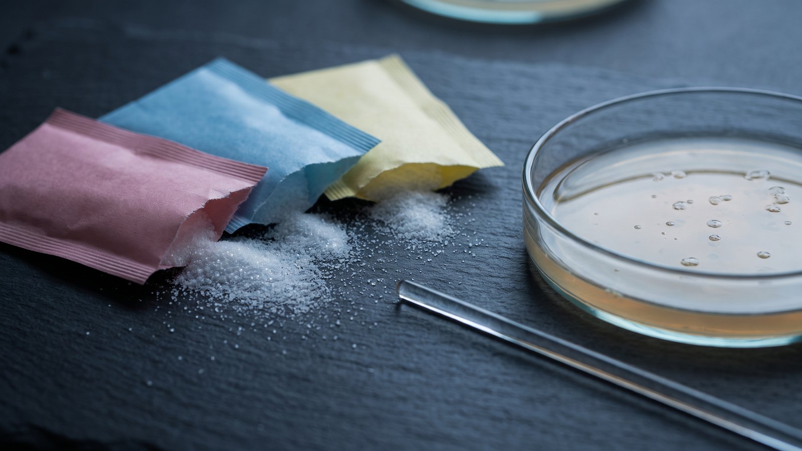 Editorial still life on dark charcoal slate: three torn-open sweetener packets in pink, blue and yellow spilling white crystalline powder, beside a clear glass Petri dish of pale amber agar and a glass stirring rod, lit with a single soft key light and cool blue-grey reflections