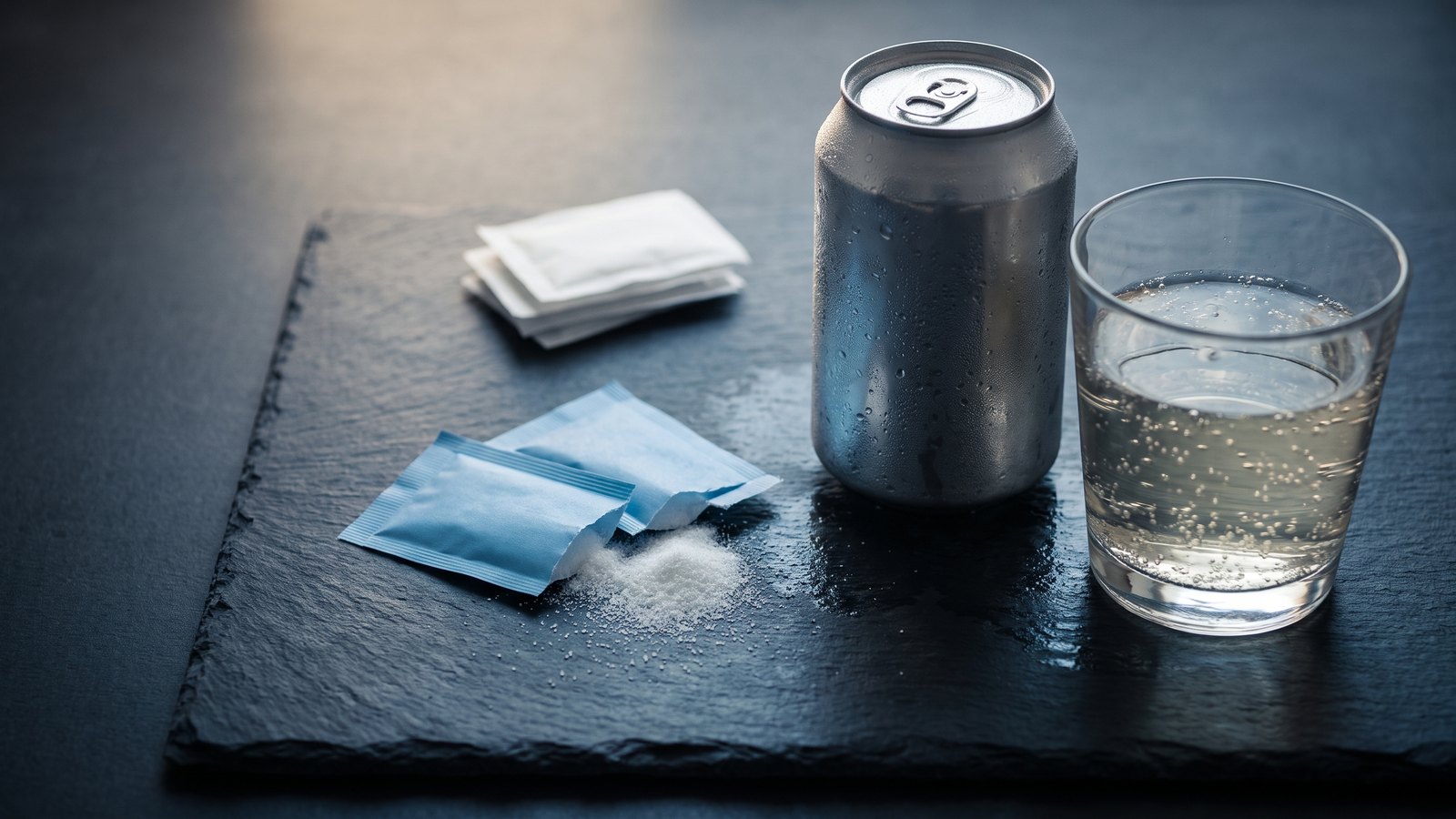 Editorial still life on dark slate: two torn-open blue sweetener packets spilling white powder beside a plain silver aluminum can beaded with condensation and a glass of clear sparkling soda