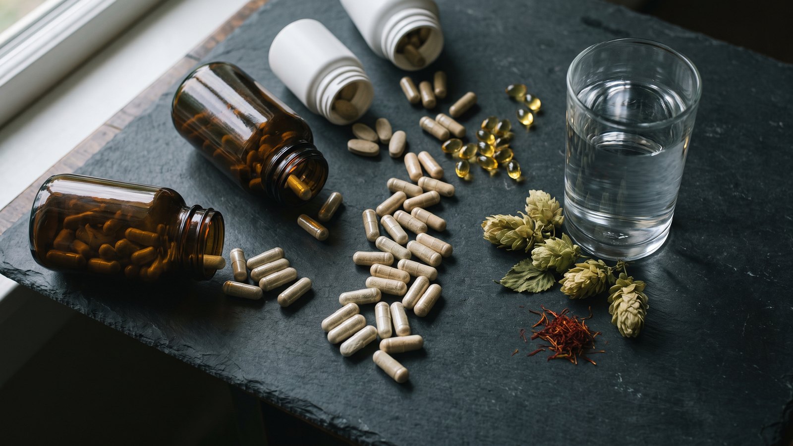 Editorial still life on dark slate: unlabeled supplement bottles on their sides, rows of different capsules and softgels, a glass of water, hop cones and saffron threads