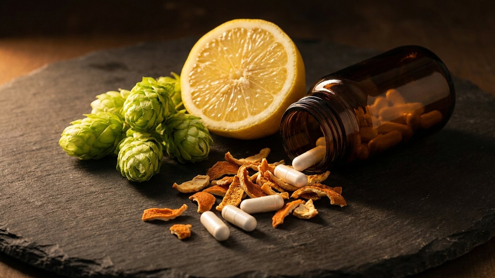 Hop flower cones, a halved lemon and loose supplement capsules on dark slate.