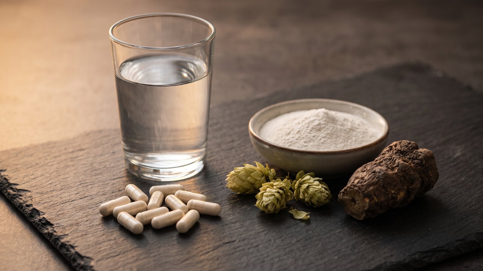 Editorial still life on dark slate: a glass of water, plain white capsules, dried hop flower cones, a bowl of white fiber powder and a piece of raw konjac root