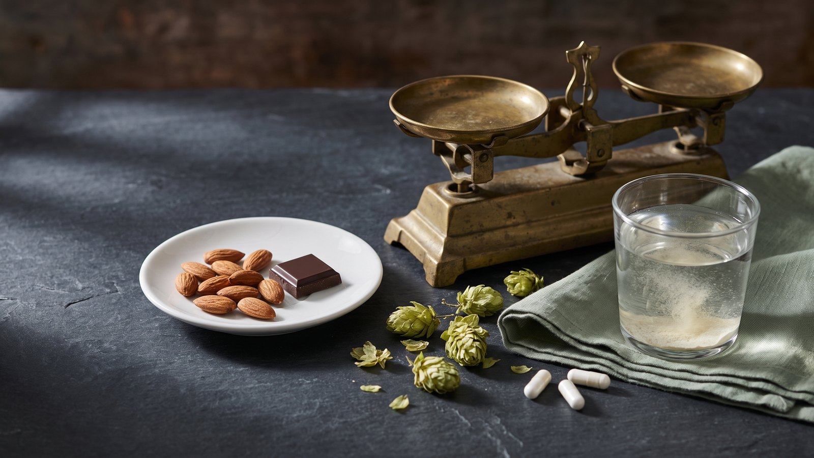 Editorial still life on dark slate: a small white plate with almonds and a square of dark chocolate beside a brass balance scale, dried hop cones, white capsules and a glass of water with fiber powder dissolving in it.