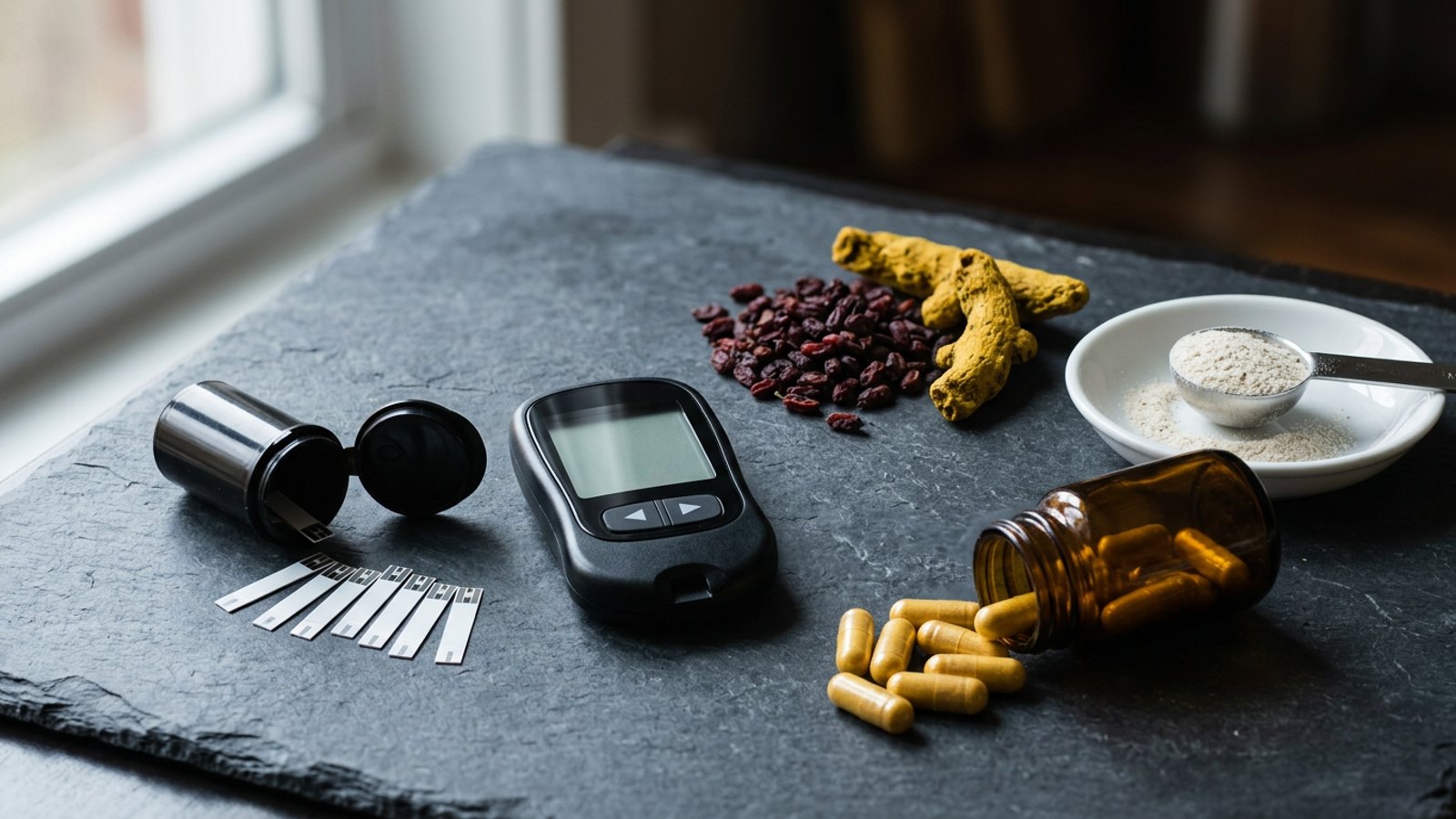 Editorial still life on dark slate by a window: a handheld blood glucose meter and scattered test strips, an amber bottle tipped over with yellow capsules spilling out, dried barberry berries and yellow dried root, and a white dish holding a scoop of pale fiber powder