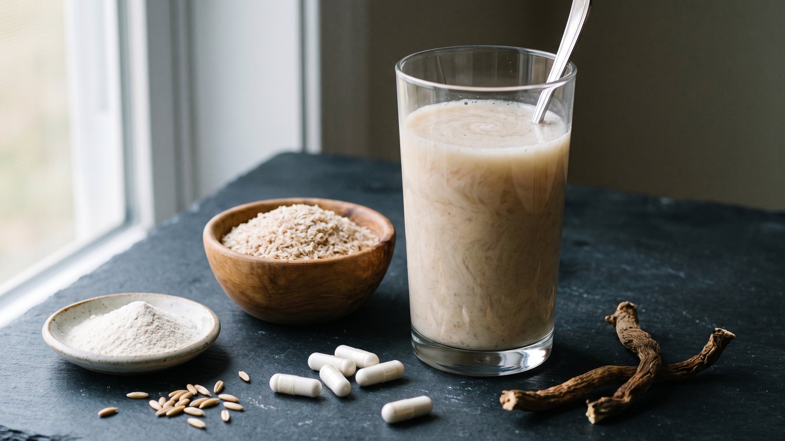 Editorial still life on dark slate by a window: a tall glass of stirred pale fiber drink with a spoon in it, a wooden bowl of psyllium husk, a shallow dish of white fiber powder, scattered plain white capsules, oat groats and two pieces of dried chicory root