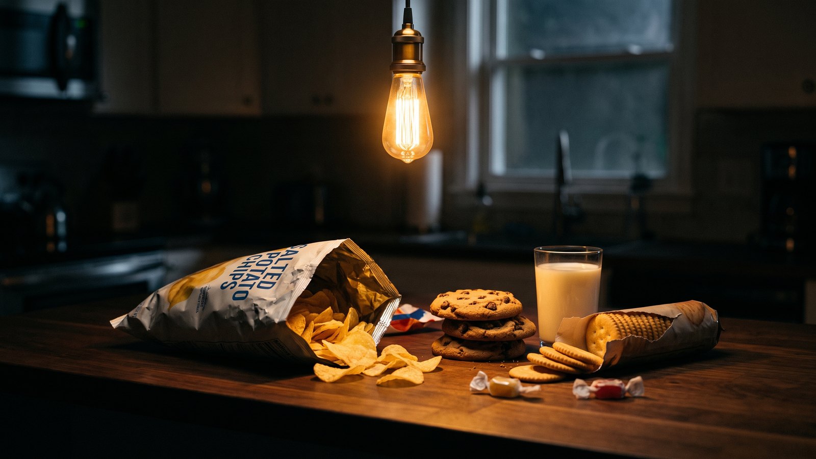 Editorial still life on a dark wooden kitchen counter at night under a single warm pendant bulb: an open bag of potato chips tipped on its side with chips spilling out, a stack of chocolate chip cookies, a torn sleeve of round crackers, scattered wrapped candies and a glass of milk