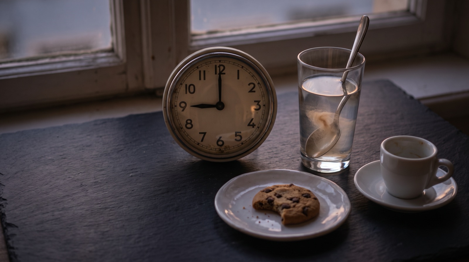 Editorial still life on dark charcoal slate in dim evening light: a round analog clock reading nine o'clock, a glass of water with a dissolving drink and spoon, a half-eaten chocolate-chip cookie on a plate, and an empty espresso cup set aside