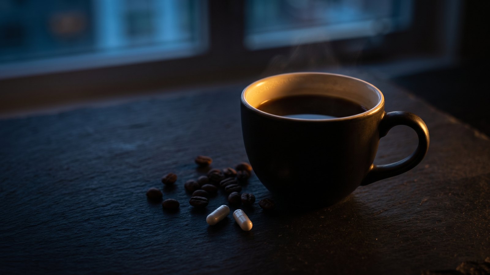 A steaming black cup of coffee, scattered roasted coffee beans, and two supplement capsules on a dark slate surface at night