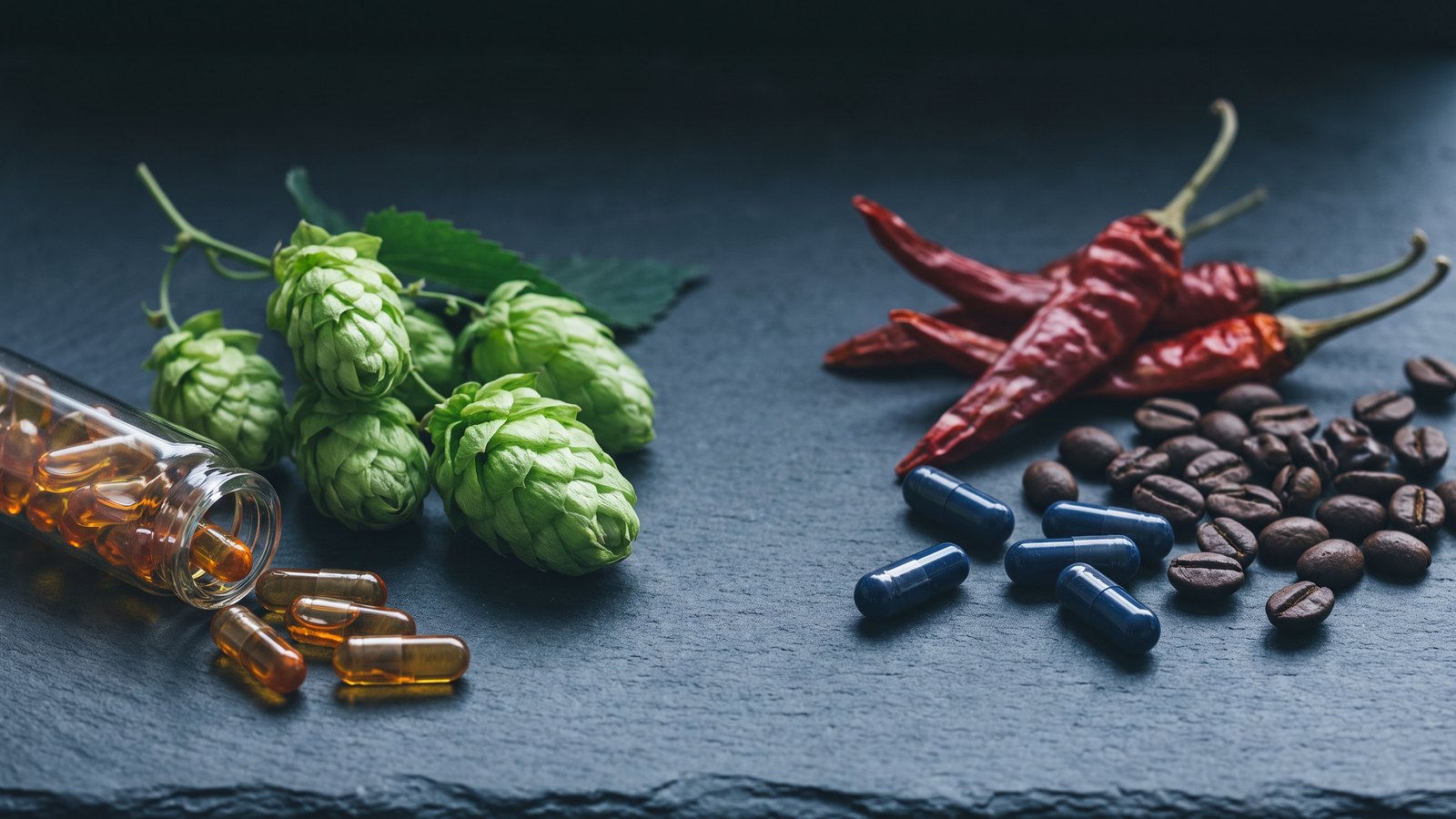 Editorial still life on dark slate: on the left, fresh green hop cones beside a tipped glass vial spilling translucent amber capsules; on the right, dried red chili peppers, roasted coffee beans and navy-blue capsules.