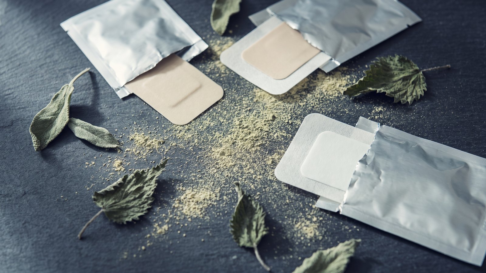 Editorial still life on dark slate of plain unbranded adhesive patches in torn foil sachets beside scattered green botanical powder and dried herb leaves