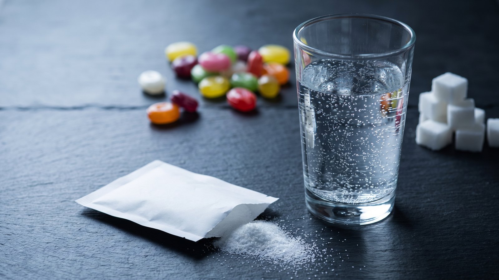 Editorial still life on dark slate: a tall glass of sparkling water beside a torn-open white sweetener packet spilling fine crystals, with colorful candies and a stack of sugar cubes blurred in the background