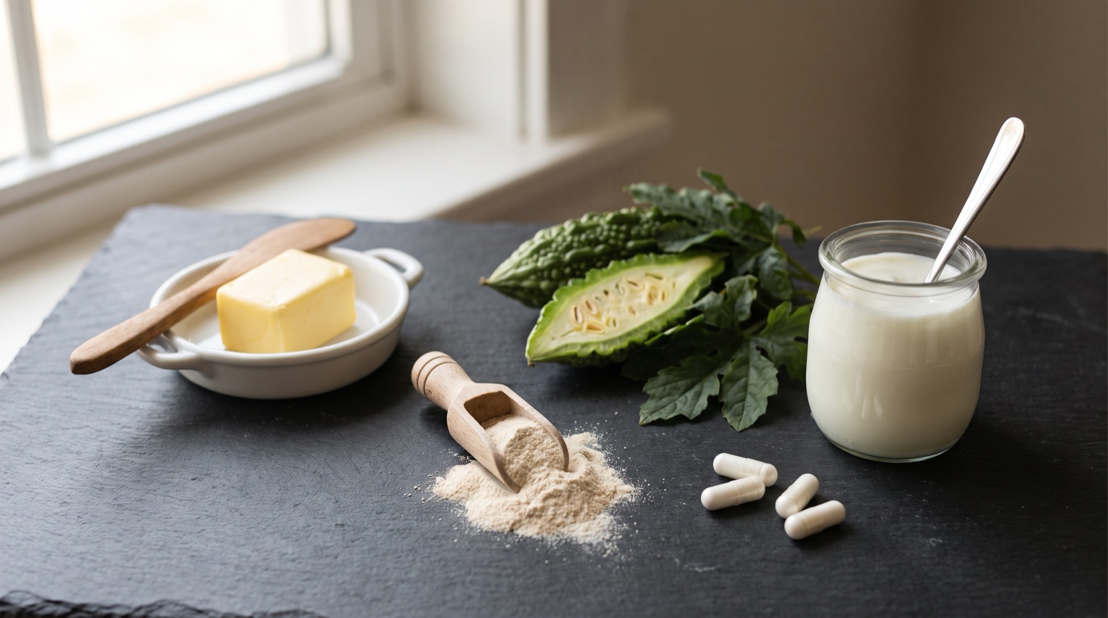 Editorial still life on dark charcoal slate of the ingredients behind natural GLP-1 supplements: a dish of golden butter, a wooden scoop of prebiotic fiber powder, a halved bitter melon with leaves, an open jar of plain yogurt, and white capsules
