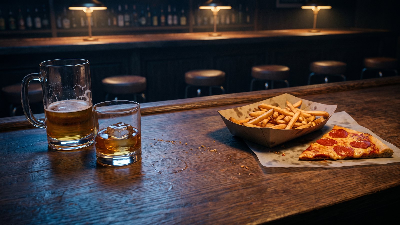 Late-night still life on a dark wood bar top: a half-finished beer and a whiskey glass beside a paper tray of fries and a slice of pizza, lit by warm lamp light.
