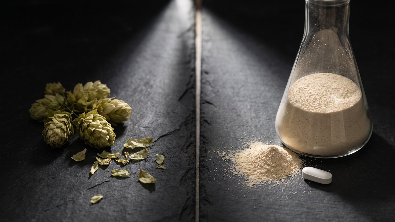 A dark slate surface split by a shaft of light: dried green hop cones and loose petals on the left, a glass laboratory flask of pale beige yeast powder with a spilled heap and a single white tablet on the right.