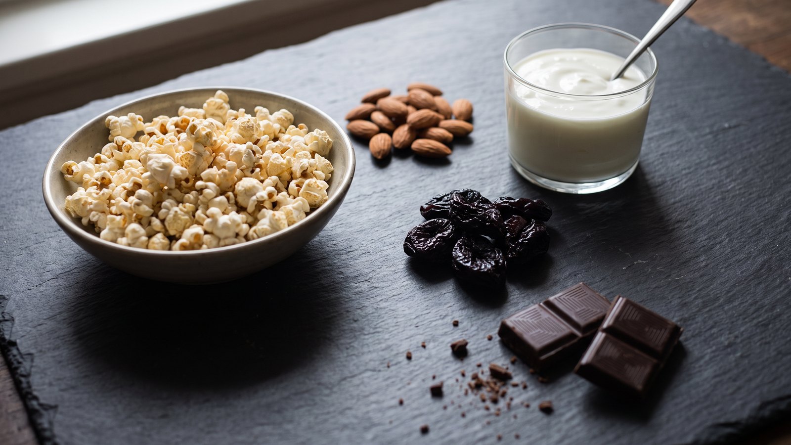 Overhead still life on dark slate: a bowl of air-popped popcorn, raw almonds, a glass of plain Greek yogurt, dried prunes and squares of dark chocolate.
