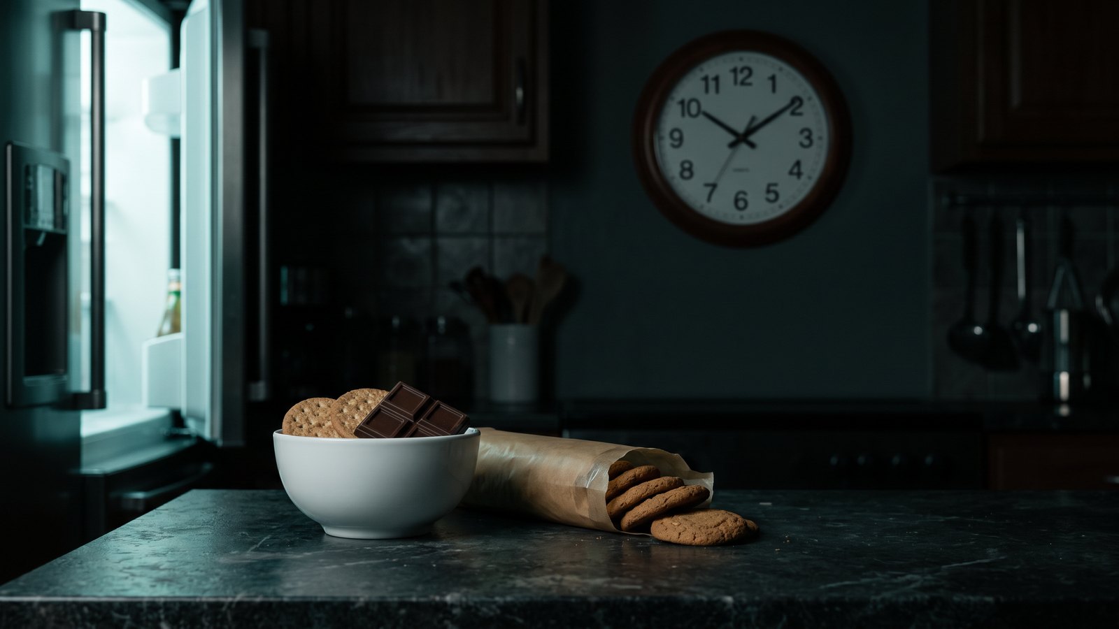Editorial still life of a dark kitchen counter at night lit by an open refrigerator door, with a bowl of plain crackers, chocolate squares and an analog clock reading past ten