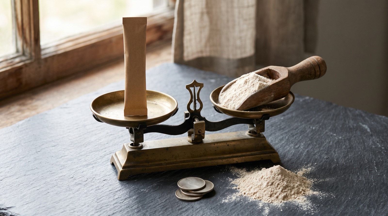 Editorial still life on dark charcoal slate of a brass balance scale weighing a single slim drink-mix stick against a heaping wooden scoop of cheap fiber powder, with a few coins nearby, illustrating efficacy per dollar
