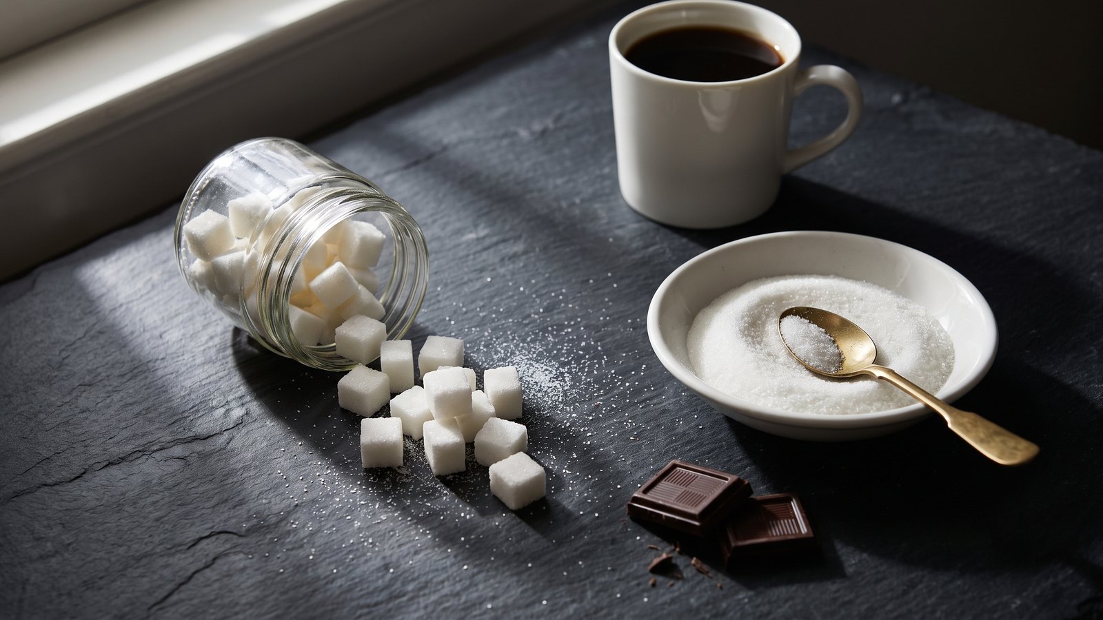 Editorial still life on dark charcoal slate: white sugar cubes spilling from a tipped glass jar, a shallow ceramic bowl of granulated sugar with a small brass spoon, broken squares of dark chocolate and a white mug of black coffee in moody window light.