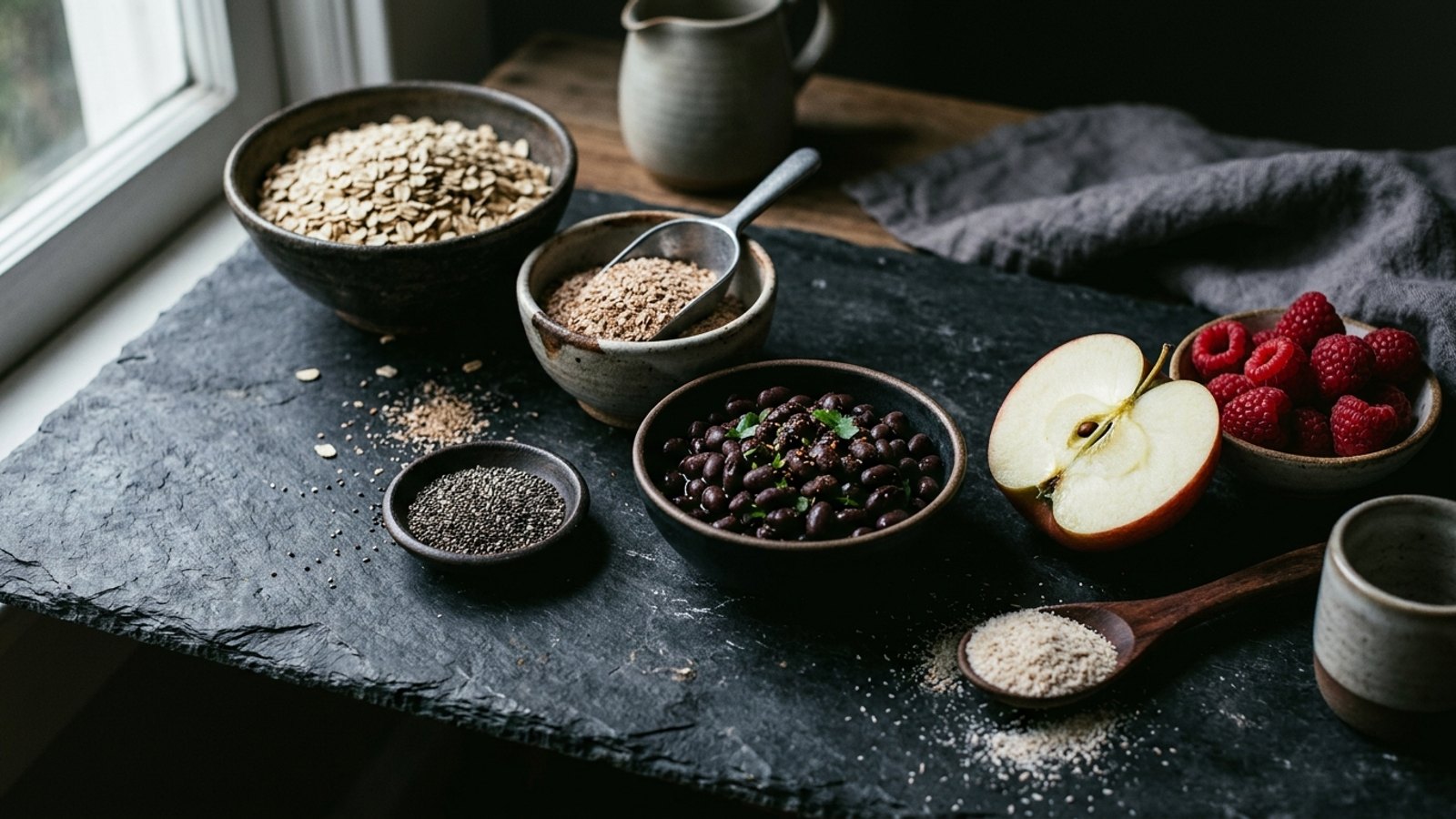 Editorial still life of high-fiber whole foods on dark slate: oats, wheat bran, chia seeds, black beans, apple, and raspberries