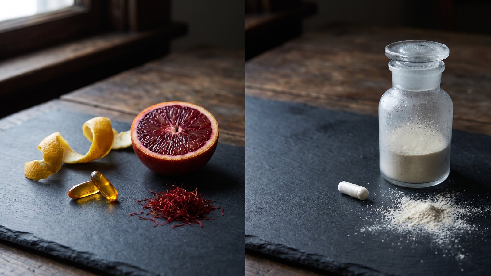 Split editorial still life on dark slate: on the left, amber capsules with a lemon peel curl, a halved blood orange and red saffron threads; on the right, a single white capsule beside a frosted glass jar and a scatter of pale prebiotic powder.