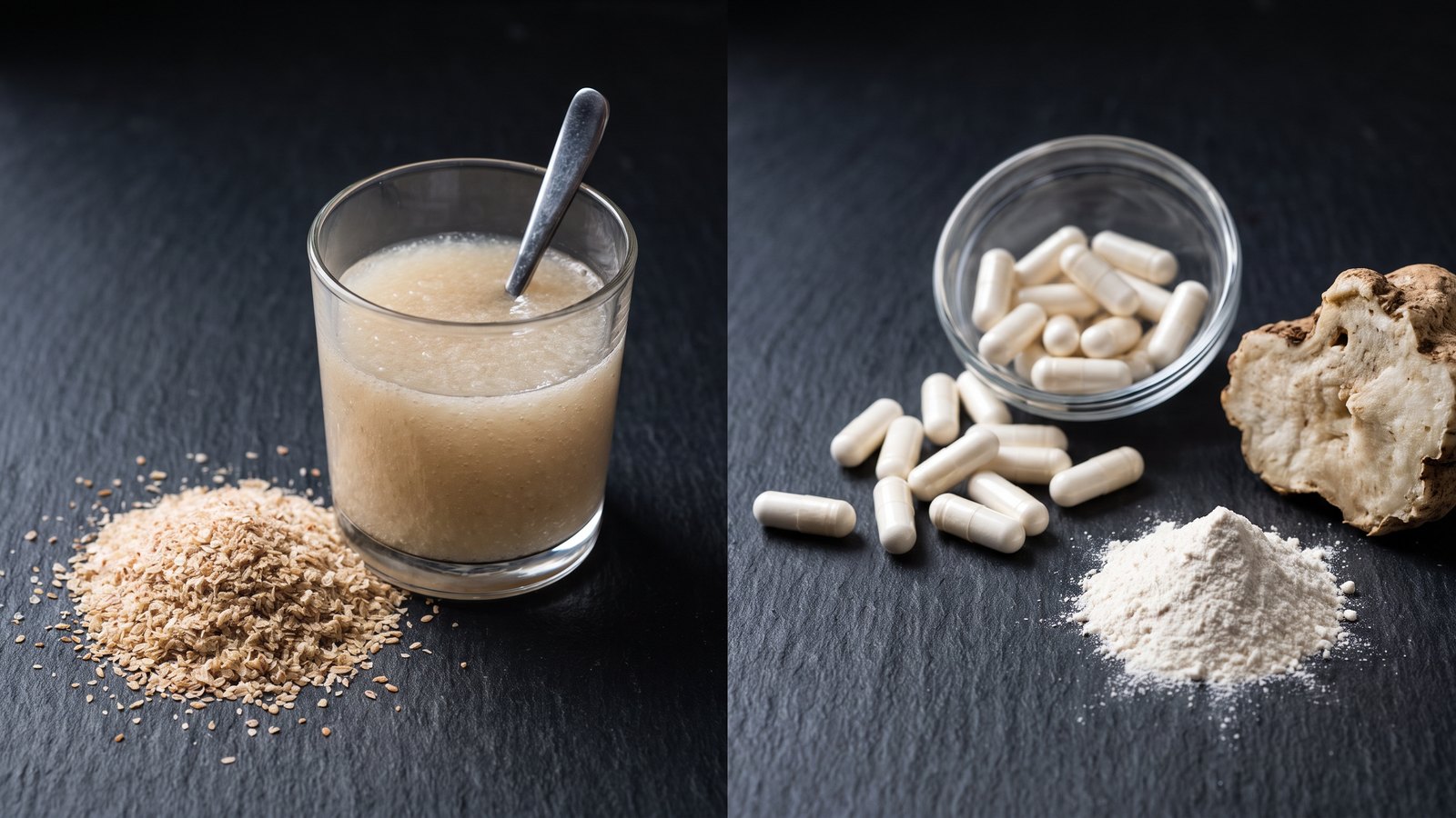 Split editorial still life on dark slate: on the left, a glass of thick pale psyllium gel with a spoon resting in it beside a pile of loose psyllium husk flakes; on the right, white capsules spilling from a glass dish next to a cut piece of konjac corm and white glucomannan powder.