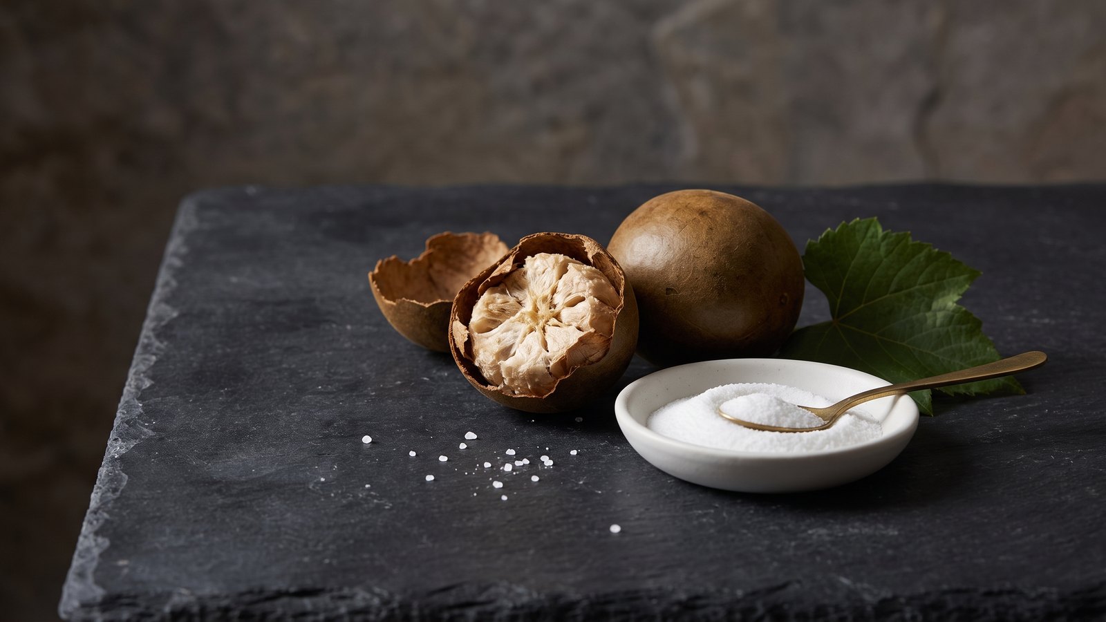 Editorial still life on dark charcoal slate: two dried monk fruit, one cracked open to show the pale fibrous interior, beside a small white dish of fine white monk fruit sweetener powder with a brass spoon