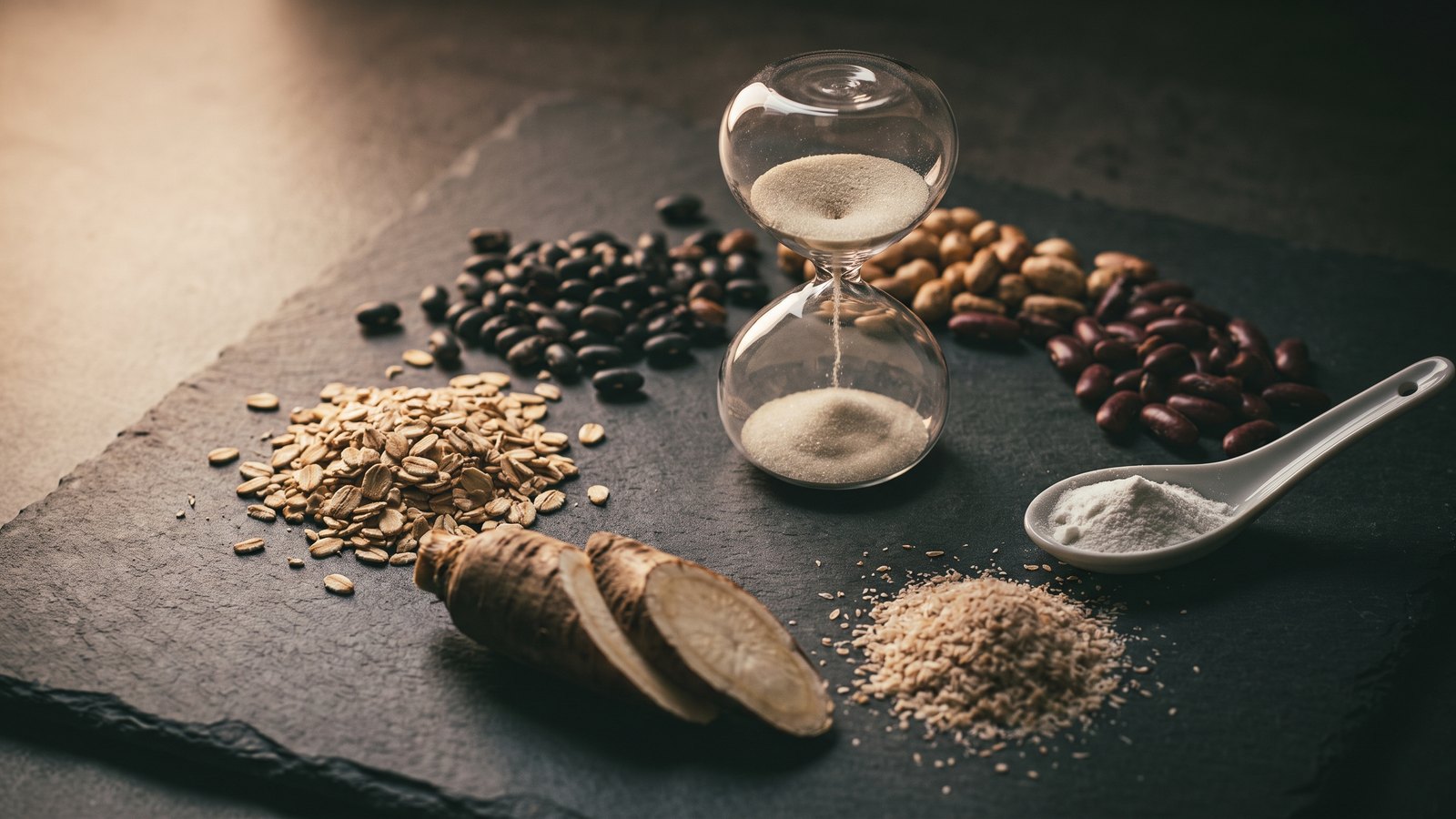 High-fiber whole foods (oats, beans, chicory root, psyllium, inulin powder) arranged around a glass hourglass on dark slate