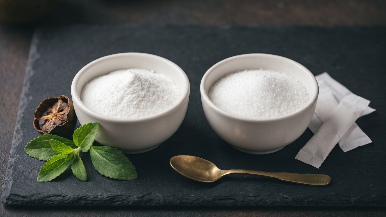 Editorial still life on dark charcoal slate: two white bowls side by side, one of fine white sweetener powder with fresh stevia leaves and a dried monk fruit beside it, one of white crystalline sweetener beside two plain paper packets, with a brass spoon between them