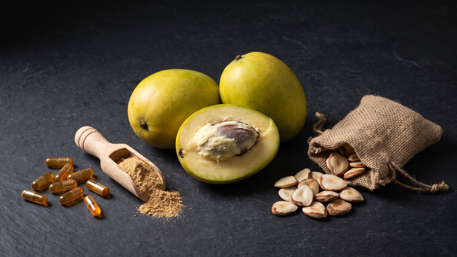 Editorial still life on dark charcoal slate of whole yellow-green African bush mango fruit, one halved to show the large seed, a burlap sack spilling flat cream-and-brown dika nut kernels, a wooden scoop of tan seed powder, and a scatter of amber supplement capsules