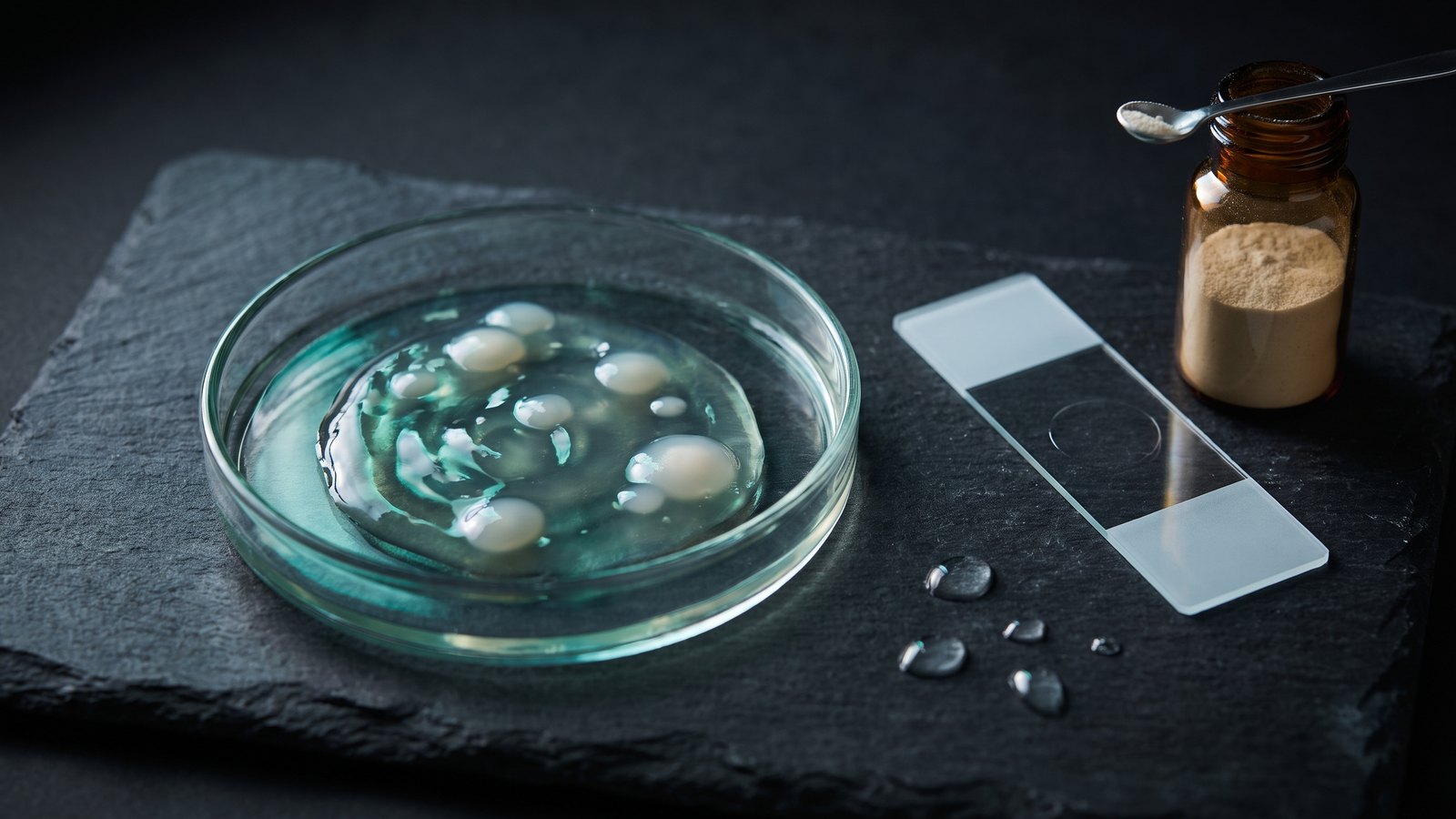 Editorial science still life on dark charcoal slate: a clear glass Petri dish holding a glossy translucent gel with pearlescent bacterial colonies, beside a laboratory microscope slide, an amber glass vial of pale probiotic powder with a steel micro-scoop, and scattered clear gel droplets, lit with a single soft key light and cool teal-green reflections