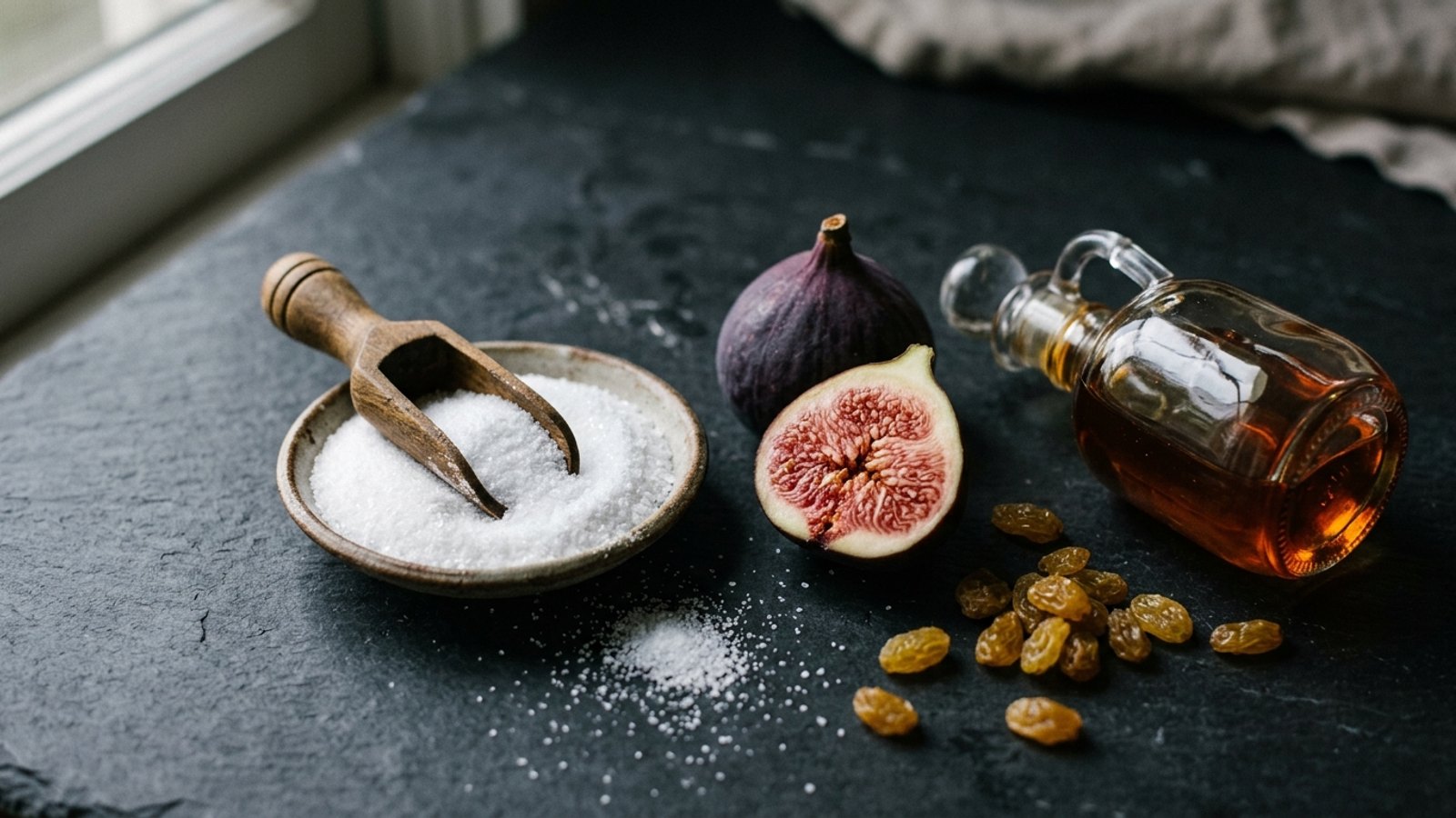 Editorial still life on dark charcoal slate of a small dish of fine white crystalline sugar with a wooden scoop, a fresh fig halved to show its pink interior, a scatter of golden raisins, and a small glass cruet of amber maple syrup