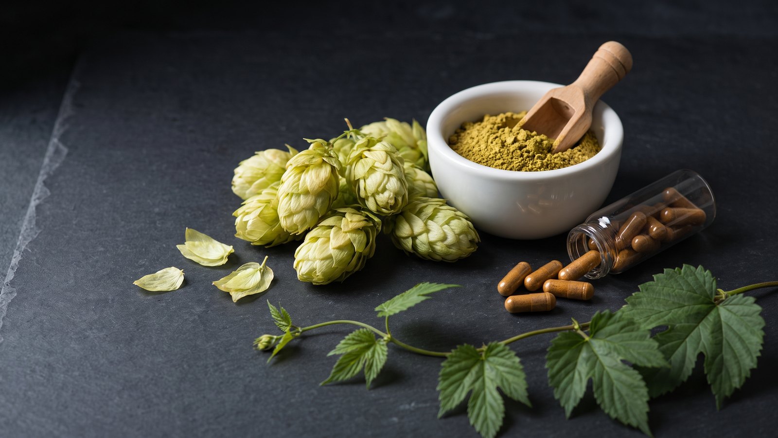 Editorial still life on dark charcoal slate of fresh pale-green hop flower cones, a white ceramic bowl of golden-green hop powder with a wooden scoop, amber supplement capsules spilling from a clear glass vial, and a hop vine with serrated green leaves curling across the frame