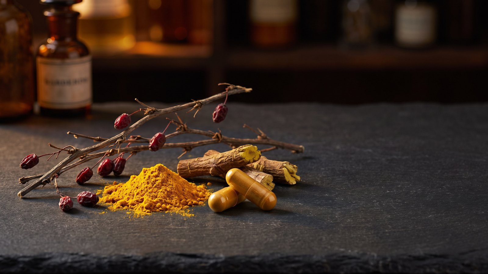Editorial still life of a dried barberry twig with red berries, a small pile of vivid golden-yellow berberine powder, gnarled goldenseal root pieces, and two amber-gold supplement capsules on dark charcoal slate