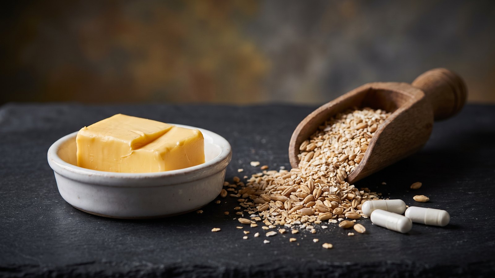 Editorial still life on dark charcoal slate of a block of golden butter in a white ceramic dish beside a wooden scoop spilling coarse oat bran and barley grains, with a few white capsules nearby