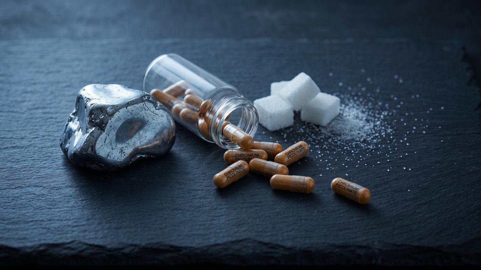 Editorial still life on dark charcoal slate: a chunk of polished silver-grey chromium metal beside a tipped-over clear glass vial spilling amber chromium picolinate capsules, with white sugar cubes and scattered sugar crystals catching a cool steel-blue light