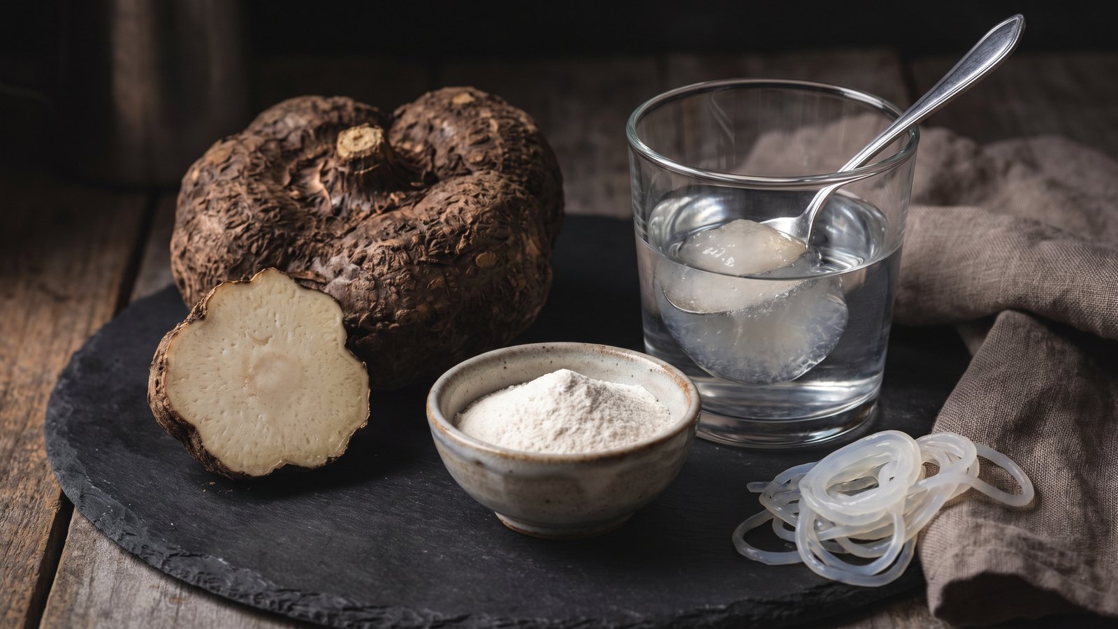 Editorial still life of a konjac corm cut open beside a bowl of white glucomannan powder, a glass of water with the fiber swelling into a clear gel on a spoon, and translucent shirataki noodles on dark slate