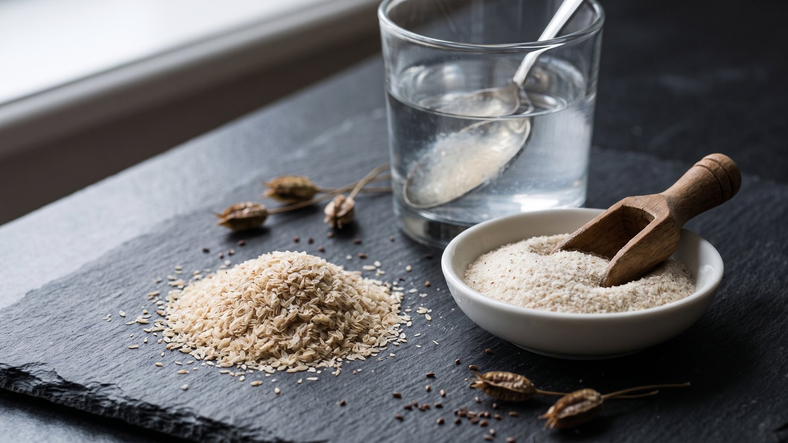 Editorial still life on dark charcoal slate of a mound of pale tan psyllium seed husks, a white bowl of fine off-white psyllium powder with a wooden scoop, and a glass of water with a spoon lifting a thick clear gel where the fiber has swelled, with dried Plantago ovata seed pods scattered nearby