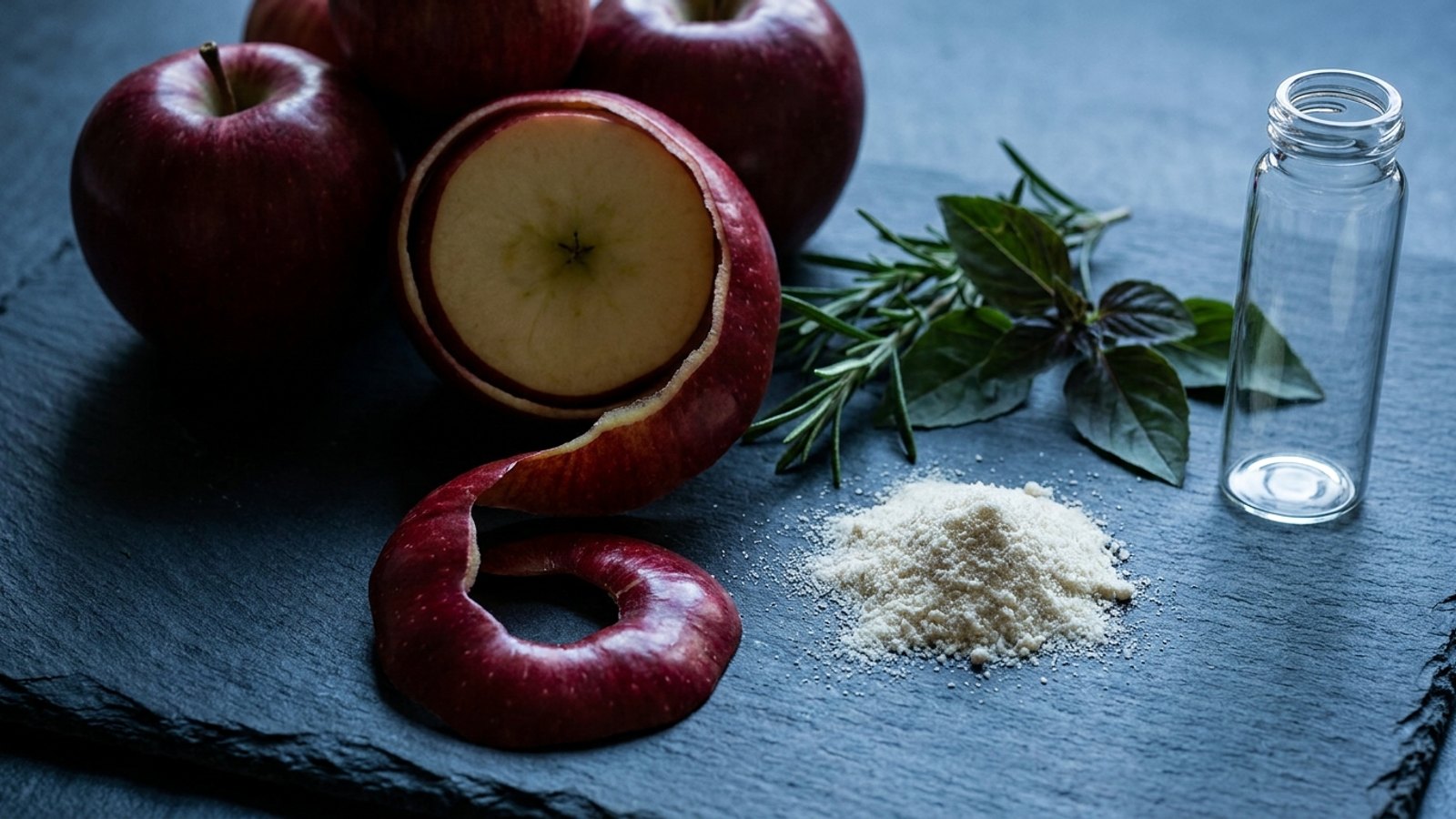 Editorial still life on dark charcoal slate: red apples with one peeled to a long curling ribbon of skin, beside a small mound of fine off-white crystalline powder, sprigs of rosemary and holy basil, and an empty clear glass laboratory vial in cool side light