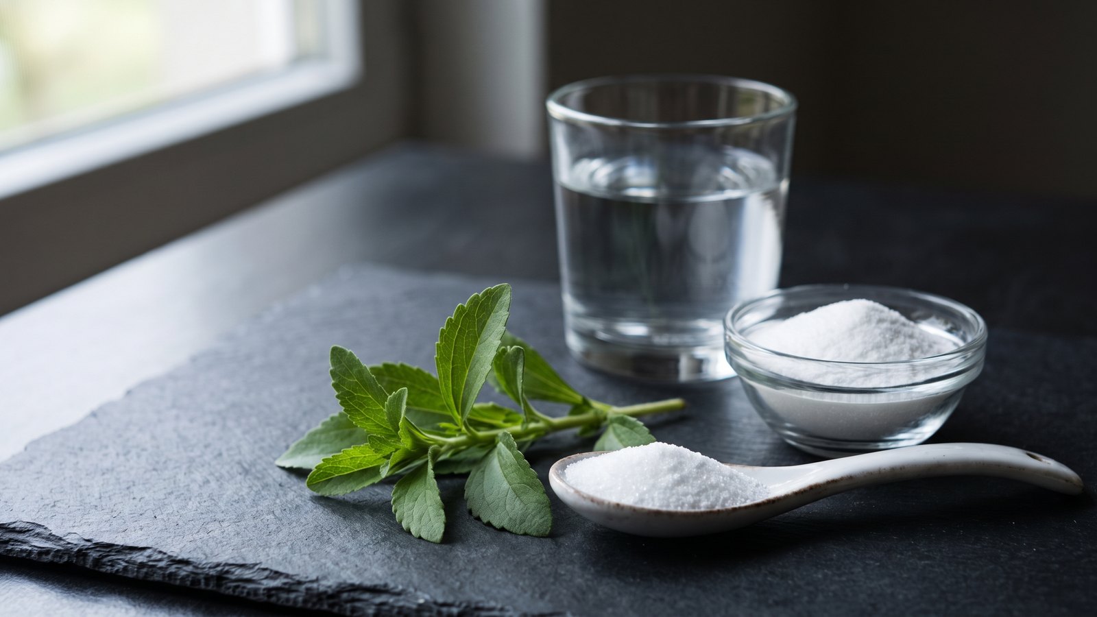 Editorial still life on dark slate: a sprig of fresh green stevia leaves beside a white ceramic spoon heaped with fine white sweetener powder, a small glass dish of the same powder, and a glass of water in soft window light