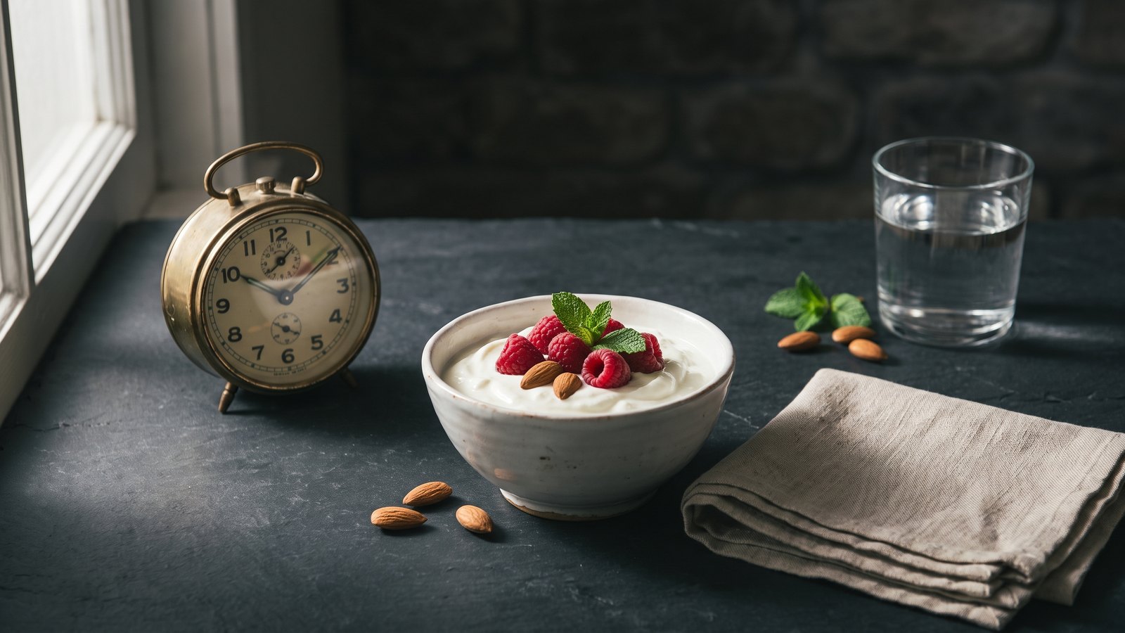 Moody editorial still life on dark charcoal slate: a brass alarm clock, a white bowl of Greek yogurt with raspberries, scattered almonds, a sprig of mint and a glass of water in soft window light
