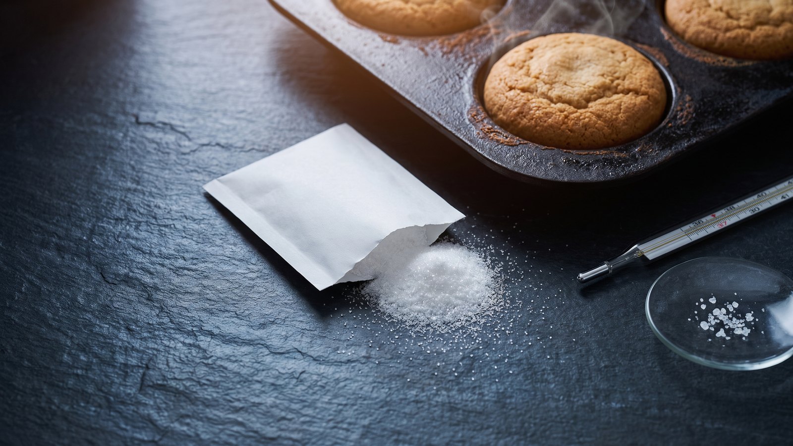 Editorial still life on dark charcoal slate: a plain torn-open white paper sachet spilling fine white crystalline sweetener powder, beside a scorched dark baking tray of golden baked cakes with steam rising, a glass laboratory thermometer, and a small glass watch dish holding white crystals