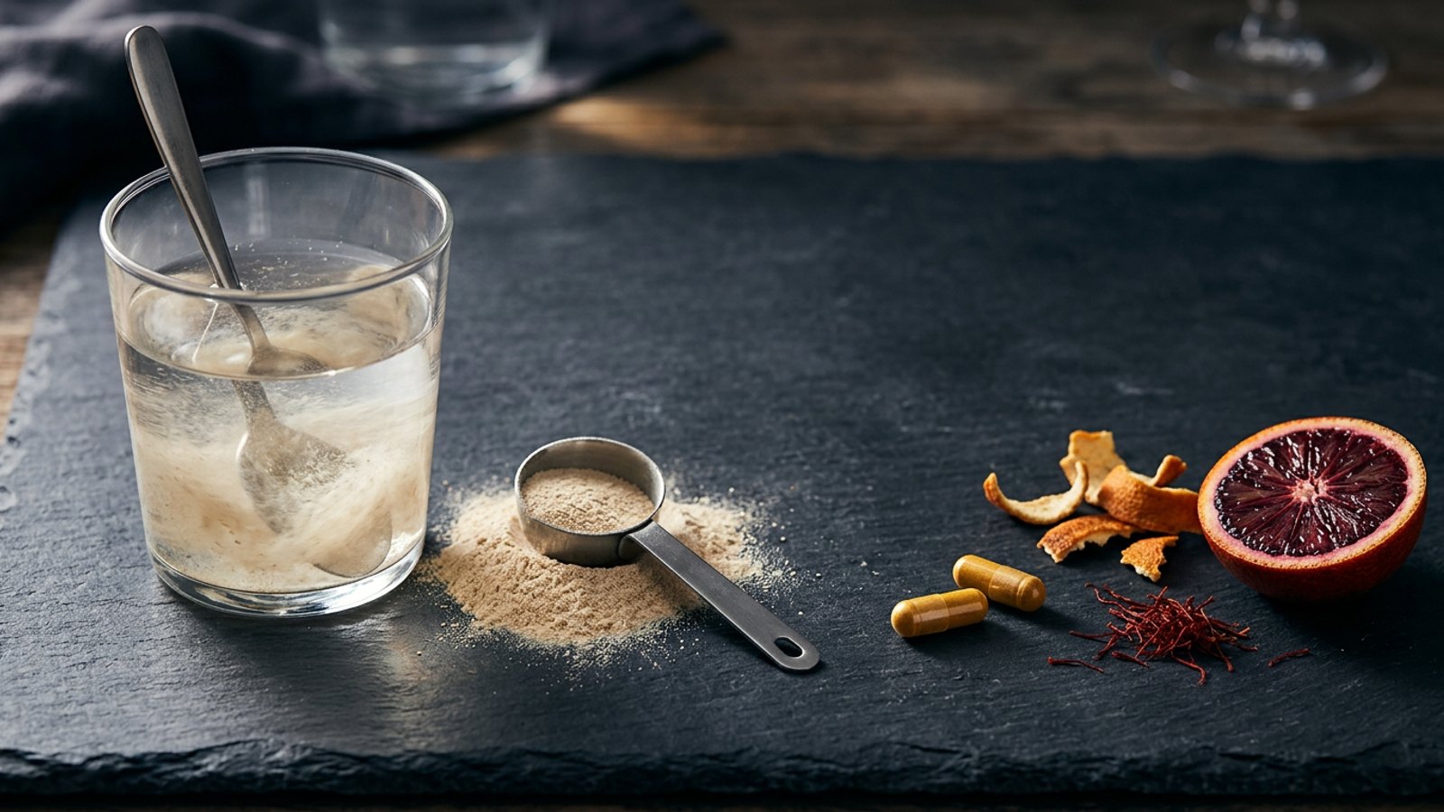 Editorial still life on dark slate: a glass of water with pale fiber powder being stirred in and a steel measuring scoop of powder on the left, two amber capsules with saffron threads, dried citrus peel and a halved blood orange on the right