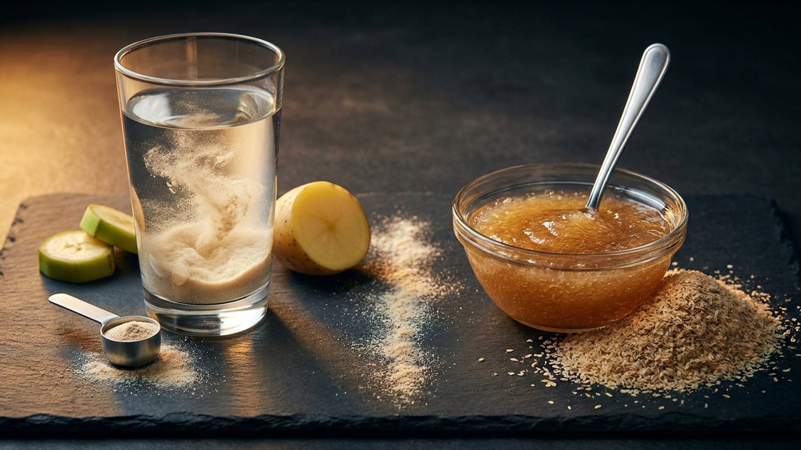 Editorial still life on dark slate: a glass of water with pale fiber powder swirling through it beside a steel measuring scoop, a halved raw potato and green banana slices on the left, and a bowl of thick translucent psyllium gel with a spoon standing in it beside a heap of coarse husk flakes on the right