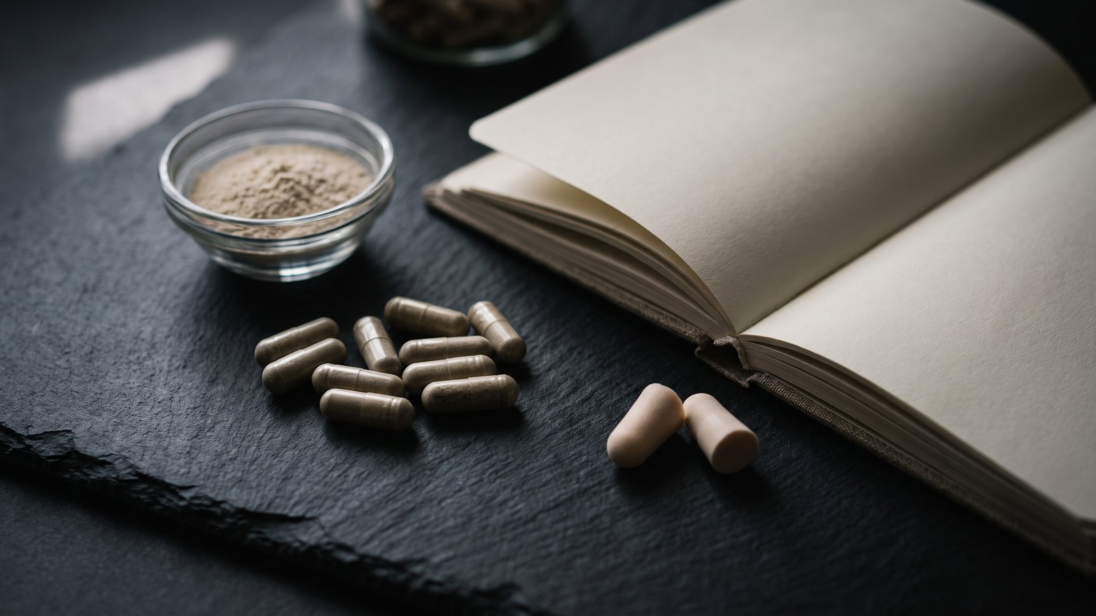 Editorial still life on dark charcoal slate: scattered supplement capsules, a small glass bowl of pale powder, an open blank notebook and a pair of foam earplugs in soft window light.