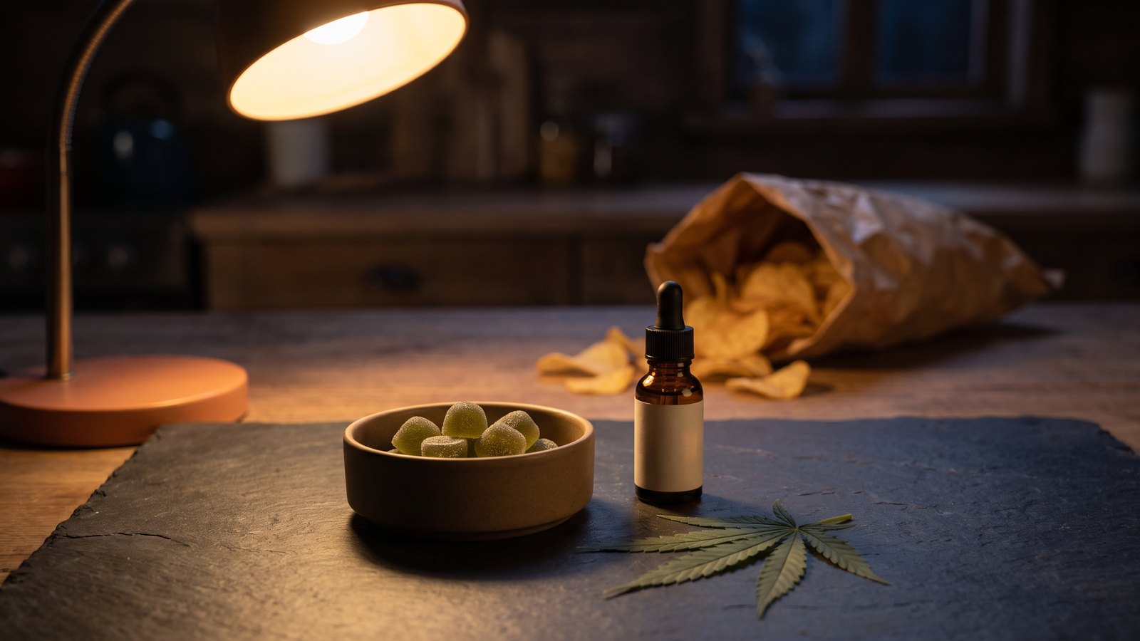 Late-night still life under a desk lamp: a small ceramic dish of green gummies, an amber dropper bottle and a single hemp leaf on dark slate, with a spilled bag of potato chips behind them.