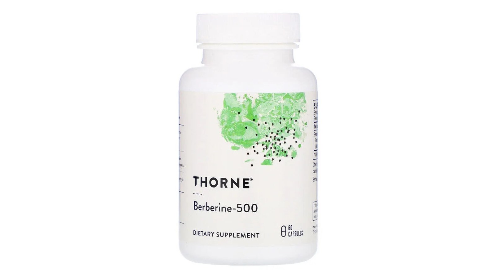 A white Thorne berberine supplement bottle with a green watercolor label reading Berberine-500, 60 capsules, the product's earlier name, on a soft white background.