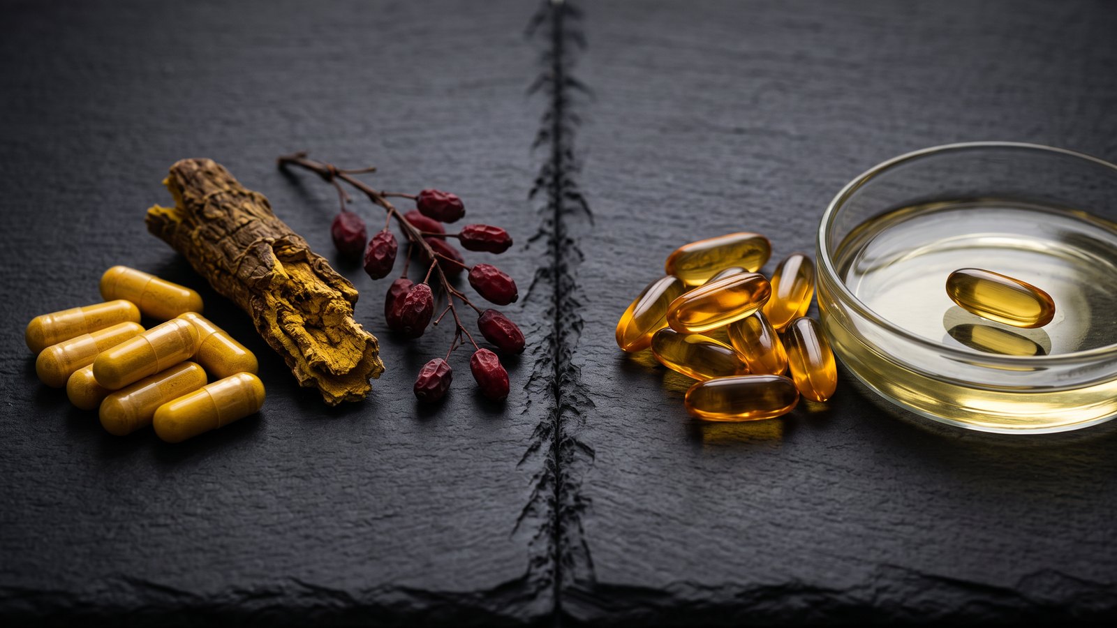 Split editorial still life on dark slate: on the left, golden-yellow powder capsules beside dried barberry root bark and red barberry berries on a twig; on the right, amber softgels beside a glass dish of pale golden oil with one softgel floating in it.