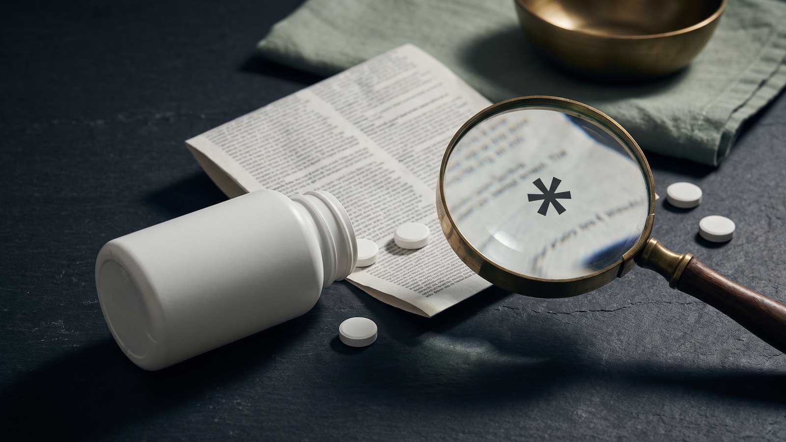 A magnifying glass with a brass rim resting on a page of tiny grey fine print beside a plain white supplement bottle on dark slate, lit from one side.