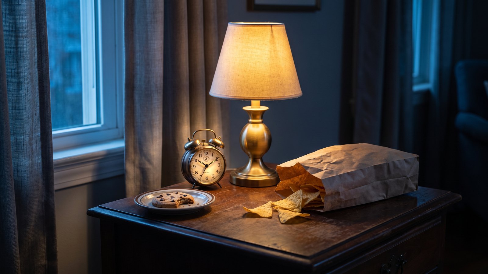 Late-night still life on a dark bedside table: an analog alarm clock reading just past 10 beside a spilled paper bag of tortilla chips and a bitten chocolate chip cookie, lit by a small warm lamp and blue window light.